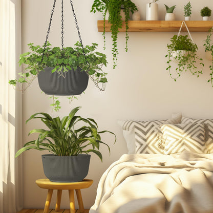 T4U 10 Inch Hanging Planters for Indoor Outdoor Plants, Hanging Plant Pot Pack of 2, Self Watering Hanging Pots with Drainage Hole & Plug & Chain with 3 Hooks for Garden Home Decor, Grey