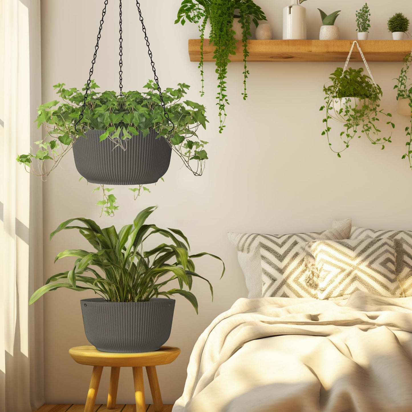 T4U 8 Inch Hanging Planters for Indoor Outdoor Plants, Self Watering Hanging Pot Pack of 2, Hanging Pots with Drainage Hole & Plug & Chain with 3 Hooks for Garden Home Decor, Grey
