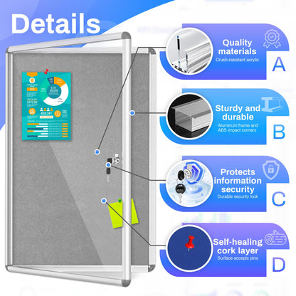 Magula 36"x24" Enclosed Bulletin Board Tamper-Proof Dispaly Case, Aluminium Frame, Shatter Resistant Lockable Bulletin Board, Lockable Noticeboard