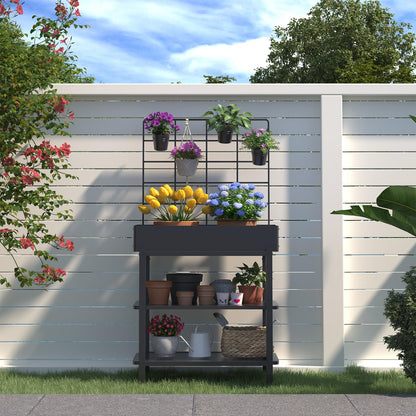 FOYUEE Metal Raised Garden Bed with Trellis & 2-Tier Storage Shelf, Elevated Planter Box with Legs -Includes 3 Flower Pots, Outdoor Vertical Garden for Vegetables Herbs Climbing Plants Patio Balcony