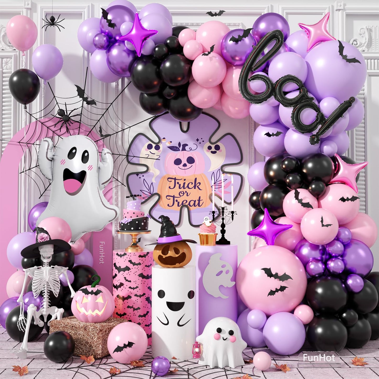 Halloween Balloon Arch Garland, Pink Purple Balloons with Star Cute Ghost Boo Foil Balloon, Metallic Purple Pink Black Latex Balloons Bat Stickers for Kids Girls Birthday Halloween Party Decorations