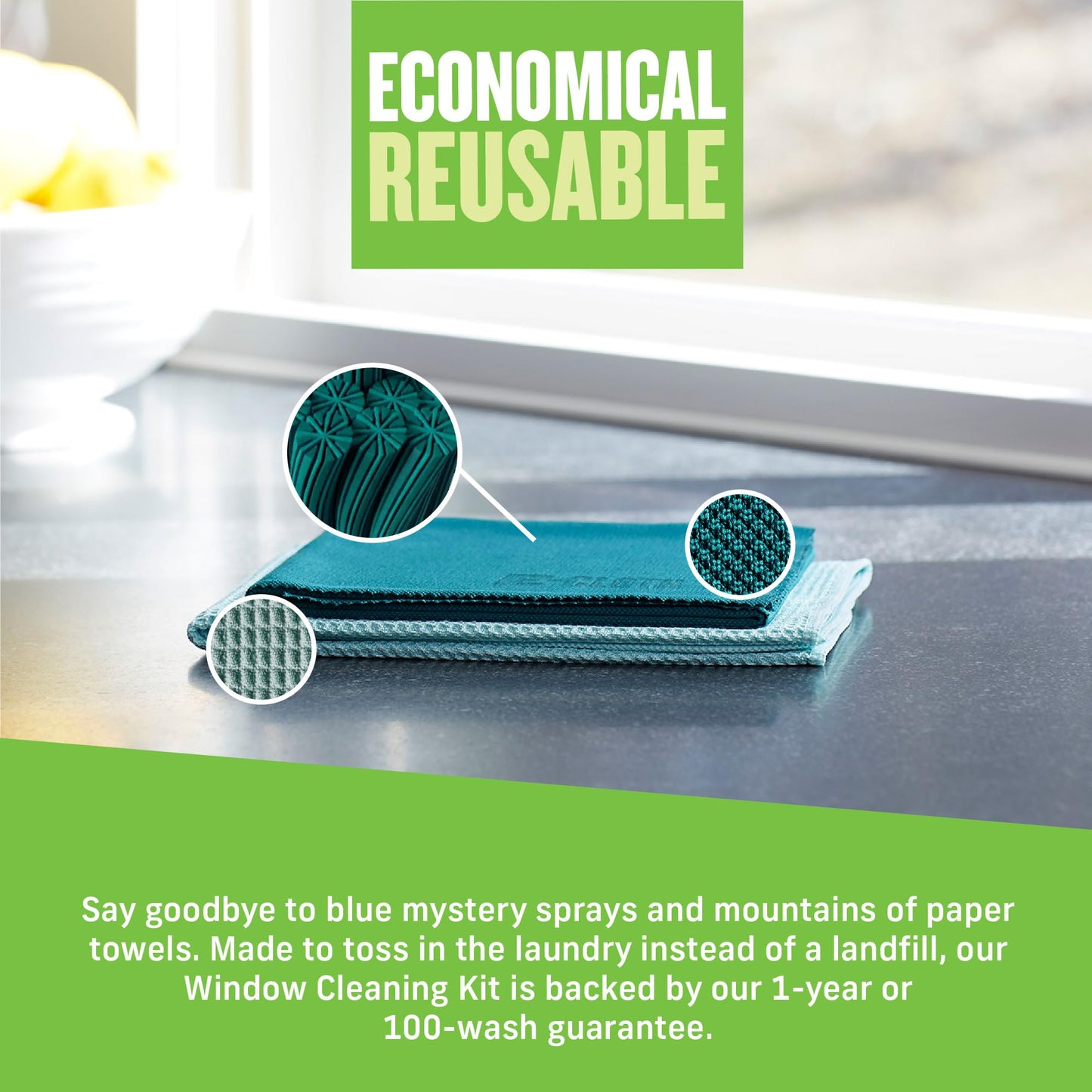 E-Cloth Microfiber Window Cleaning Cloth Kit - Glass Cleaning Cloth for Windows, Mirrors, Cars, Lenses, Eyeglasses, & More, Streak Free Clean, Machine Washable Reusable Towel - Green