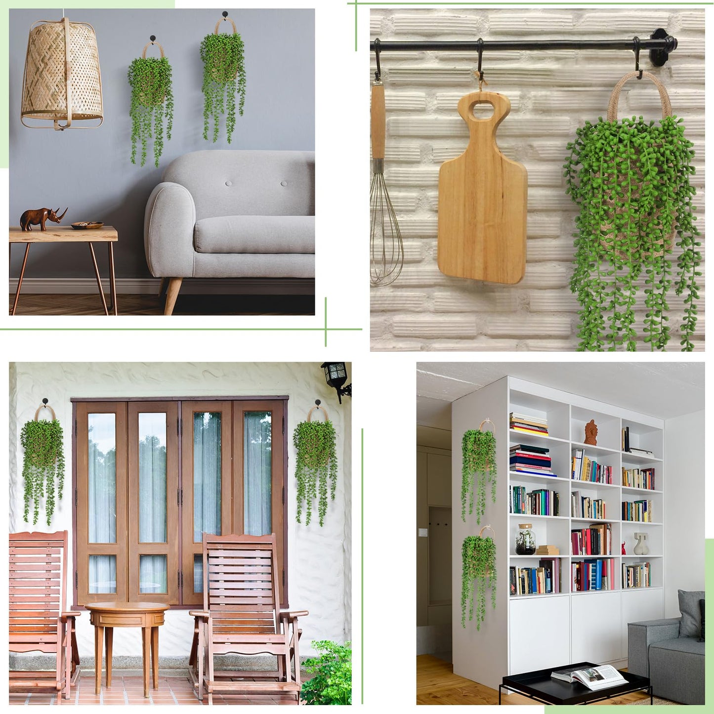 Umigy 2 Pack Wall Hanging Rope Baskets with 4 Pcs Faux Strings of Pearls Plant Jute Hanging Basket with Artificial Succulents for Porch Living Room Bedroom Entryway Patio Outdoor Decoration
