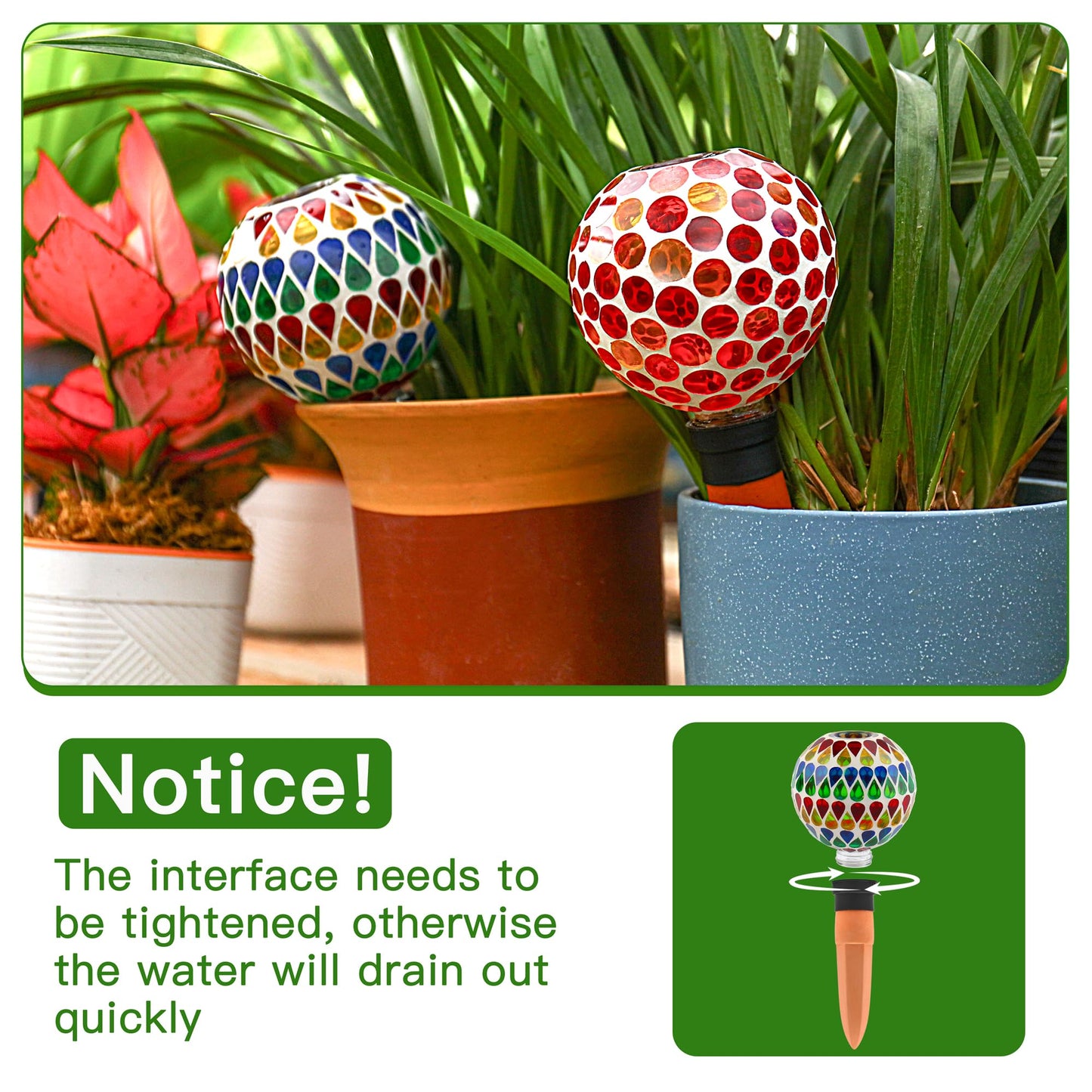 SAVENNA Mosaic Plant Watering Globes with Terracotta Spikes, 17oz Glass Self Watering Globes for Indoor & Outdoor Potted Plants, Decorative Water Drippers, Set of 2