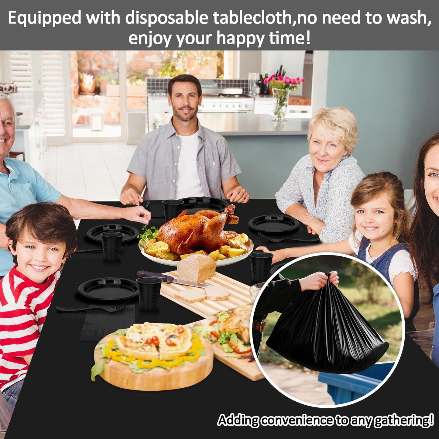 CLIYTICA Black Plastic Plates for Party,30 Guest Disposable Plastic Plate Set 9" Plates,7" Dessert Plates,Napkins,Cups,Forks & Tablecloth for Birthday,Halloween,Christmas,Graduations