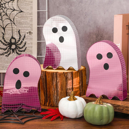 FYSUIMU 3Pcs Halloween Disco Ghost Decor 6 Inch Pink Silver Ghost Disco Ball Table Centerpieces Mosaic Horror Tiered Tray Decoration for Home Party Favors Supplies