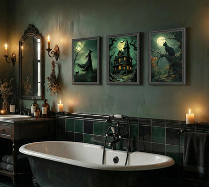 3pcs Halloween Canvas Wall Art Dark Academia Scary Witch Black Cat Castle Posters Prints Thriller Horror Green Gothic Wall Decor Pictures for Halloween Party House Decoration Unframed