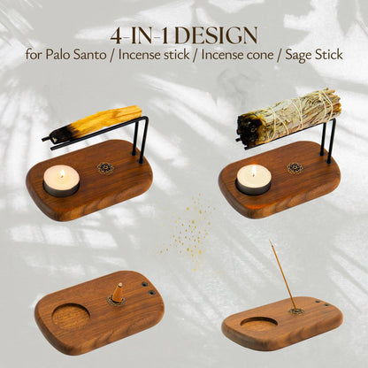 PLEARTY 4 in 1 Walnut Wood Palo Santo Holder Hand-Crafted Incense Sticks Holder for Burning Sage with Booklet The Most Complete Palo Santo Holder for Your Meditation Room Home Decor Gift