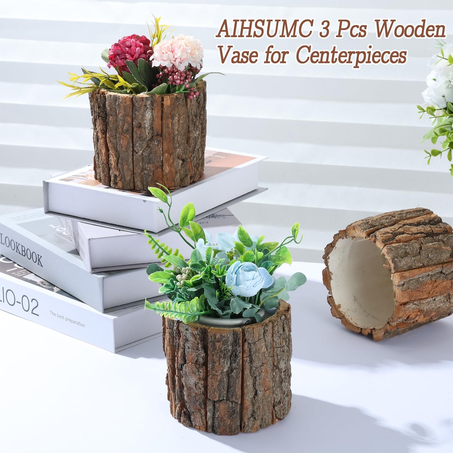 AIHSUMC 3 Pcs Wooden Vase for Centerpieces, 3.9 in Bark Vase Rustic Wooden Bark Flower Pots Country Style Stump Bucket Planter for Woodland Party Wedding Window Home Farmhouse Table Decor