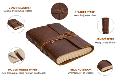 Leather Journal Notebook - Rustic Handmade Vintage Leather Bound Journals for Men and Women - Leather Craft Unlined Paper 300 Pages, Leather Book Diary Pocket Notebook, Diary To Write In (5" x 7")