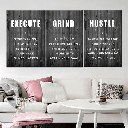 Inspirational Wall Art Execute Grind Hustle Motivational Poster 3 Pieces Canvas Prints Artwork for Living Room Modern Home Decor Painting Pictures Stretched and Framed Ready to Hang [72''Wx 36''H]