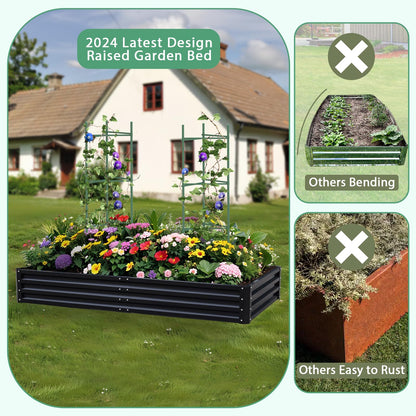 PICNICNI Metal Raised Garden Bed 8x4x1Ft Outdoor Large Metal Galvanized Planter Boxes Kit for Vegetables, Flowers, and Herbs,Garden Beds with 2Pcs Tomato Cage 1Pc Gloves,Black