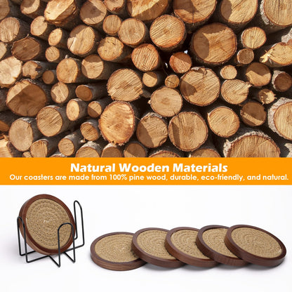 Mckanti 6 Pack Wood Coasters for Drinks with Cotton Coasters Insert, Wooden Coasters with Holder for Coffee Table Decor, Absorbent Coasters for Kinds of Cups, 4.3 Inches