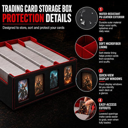 3200+ High-Capacity Card Display Storage Box, 4-Row Design (Ideal for Collectors & Beginners), Heavy-Duty Archival Case for MTG/TCG/Sports Cards （Black Red）