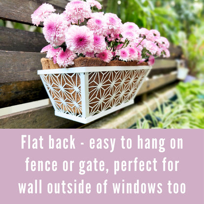 LaLaGreen Window Boxes Planter (2 Pack, 12 Inch) White Metal Rectangular Wall Planters with Coco Liner, Horse Trough Deck Railing for Outdoor Plants Holder, Modern Rail, Balcony, Fence, Porch Patio