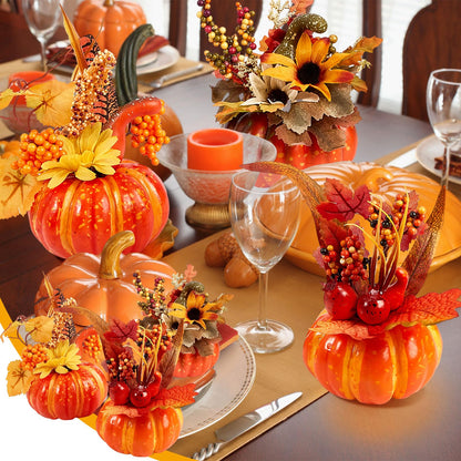 Leinuosen 12 Pcs Fake Pumpkin Centerpiece for Table 6 Inch Pumpkins with Maple Sunflower Berry Decorative Pumpkins Artificial Foam Pumpkin for Fall Harvest Halloween Thanksgiving Table Decoration