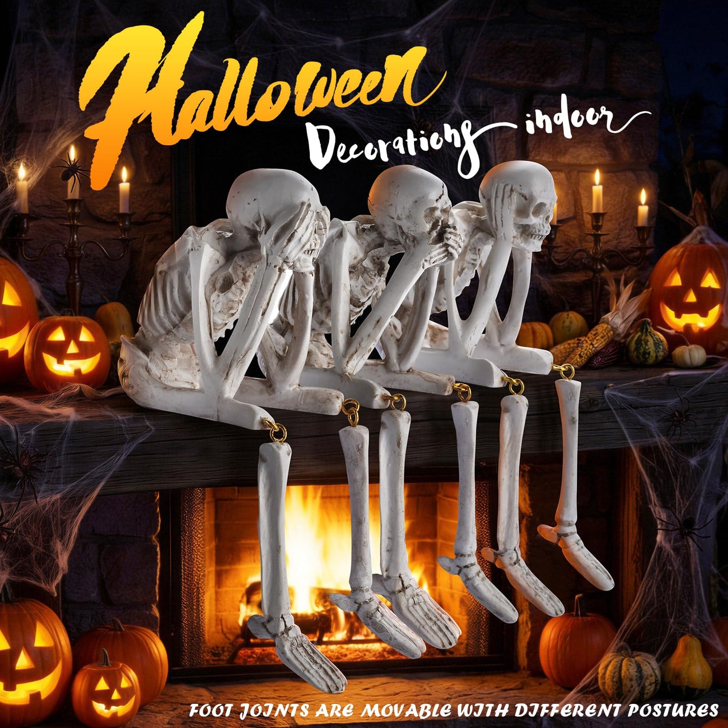 Zalovvi Halloween Skeleton Decor, See No Evil Hear No Evil Speak No Evil Statues Set of 3, Resin Skull Figurines for Home Mantel Living Room Office, Halloween Decorations Gift (Halloween)