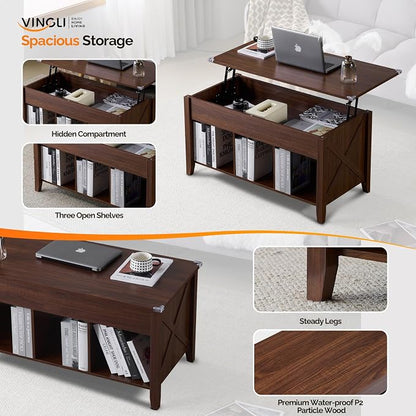 VINGLI Farmhouse Lift Top Coffee Table, Coffee Tables for Living Room with Storage Shelf/Hidden Compartment, Mesa De Centro para Sala, Rustic Brown