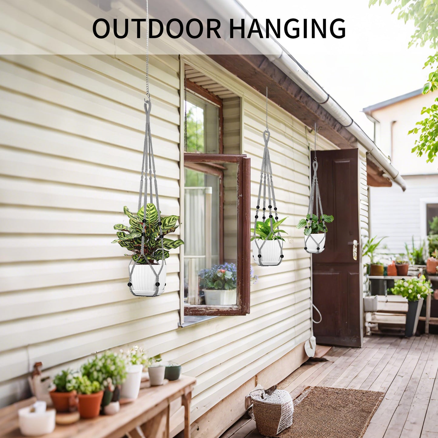 IDEEEPAN Macrame Plant Hanger - Fits 4 to 15 inches Pots for Indoor Outdoor, 43"/35"/29" Different Sizes Set, Gray (POTS NOT Included)