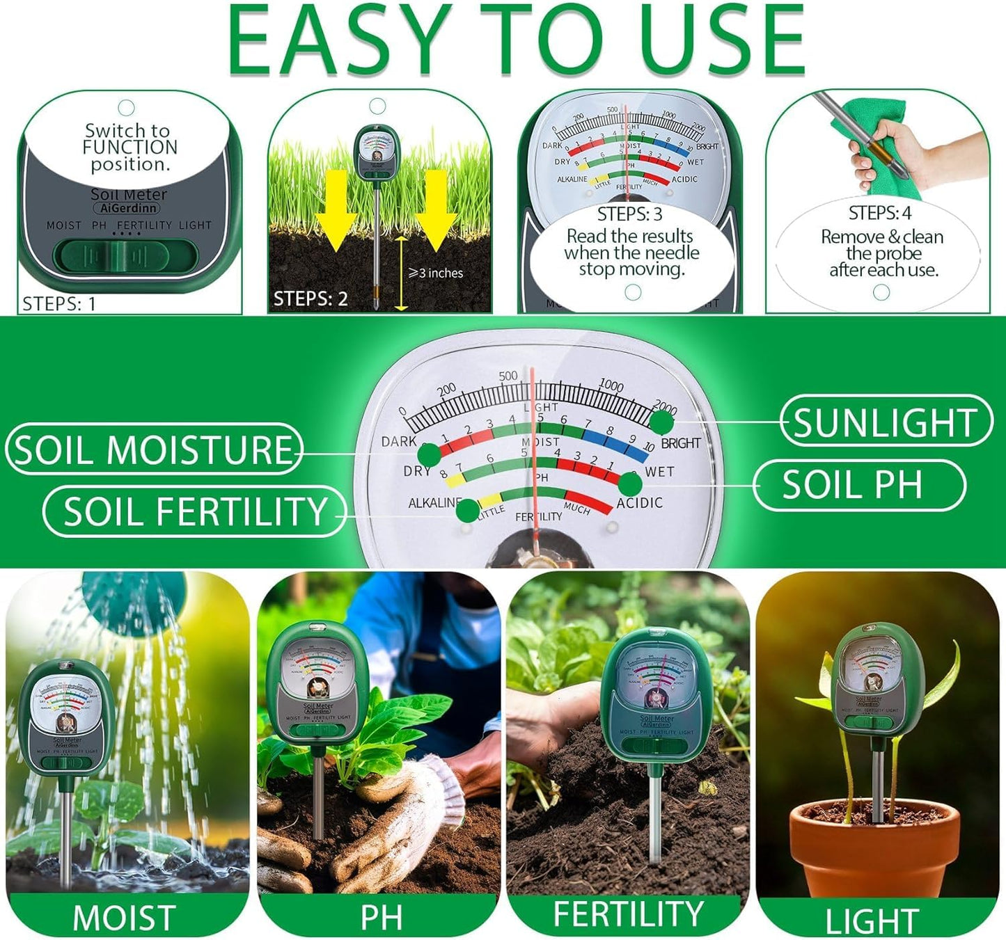 AiGerdinn Soil Moisture Meter for Plants, 4-in-1 Soil Tester - pH/Fertility/Sunlight Meter, Large Dial, Indoor/Outdoor Plant Water Monitor, Garden Soil Test Kit for Lawn, Farm, Houseplants