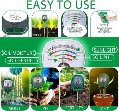 AiGerdinn Soil Moisture Meter for Plants, 4-in-1 Soil Tester - pH/Fertility/Sunlight Meter, Large Dial, Indoor/Outdoor Plant Water Monitor, Garden Soil Test Kit for Lawn, Farm, Houseplants