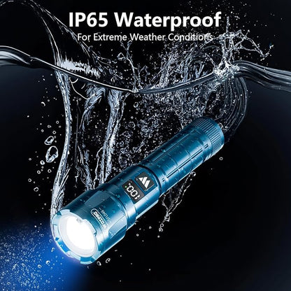 WdtPro LED Rechargeable Flashlight 2 Pack, 3 Modes Super Bright High Lumens Flashlights, Zoomable Tactical Flash Light with LCD Display, IP65 Waterproof Flashlights for Home Emergency Camping - Blue