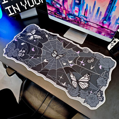 BelugaDesign Butterfly Desk Pad | Rose Spider Web Kawaii Cute Keyboard Gaming PC Laptop Mat | Large Spooky Halloween Witch Gothic Mousepad | Rubber Non-Slip Machine Washable Desk Blotter Protector