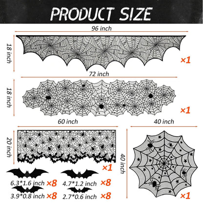 Zoonlinpp 5 Pack Halloween Decorations Indoor Black Lace Table Runner Fireplace Mantel Scarf Cover Spider Web Tablecloth Cobweb Lampshade with 32 Pcs Bat Wall Stickers Spooky Party Decor