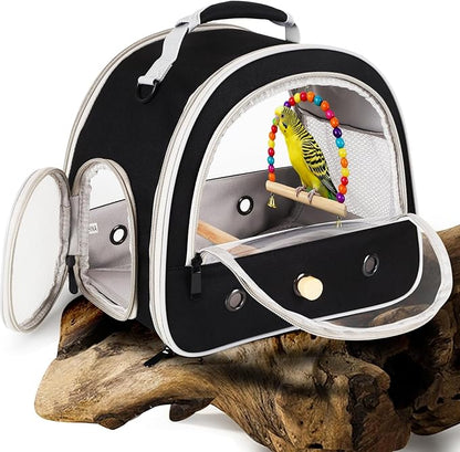 Portable Parrot Travel Cage Carrier with Small Swing Toy&Cage Colorful Toys Set Small Bird Parakeet Bag with Standing Perch Bird Carry Transport Bag (Black, Carreir/Swing)