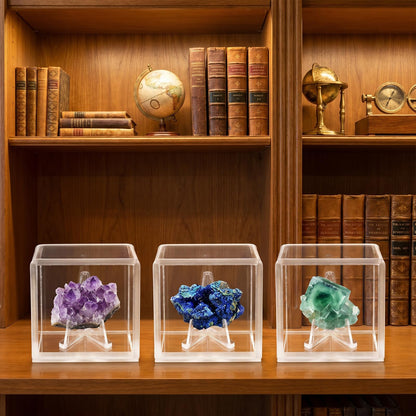 Bromjavol 3 Pack Rock Display Case, Small Acrylic Display Case with Stand, 2'' x 2'' x 2'' Acrylic Display Case for Collectibles, Gem Display Case, Rock Collection Box for Stones, Minerals, Fossils