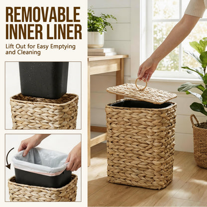 deepredcoast 2.6 Gallon Wicker Trash Can with Lid, Handwoven Water Hyacinth Wastebasket with Removable Plastic Inner Bin, Small Decorative Rattan Trash Can for Bathroom Bedroom Office Kitchen