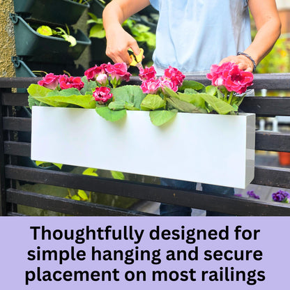 LaLaGreen Planter Boxes Outdoor (24 Inch, 4 Pack) White Metal Rectangular Railing Flower Box with Brackets, Deck Railings Planters Fence Balcony Patio Porch Plant Holder Stylish Garden Decor Over Rail