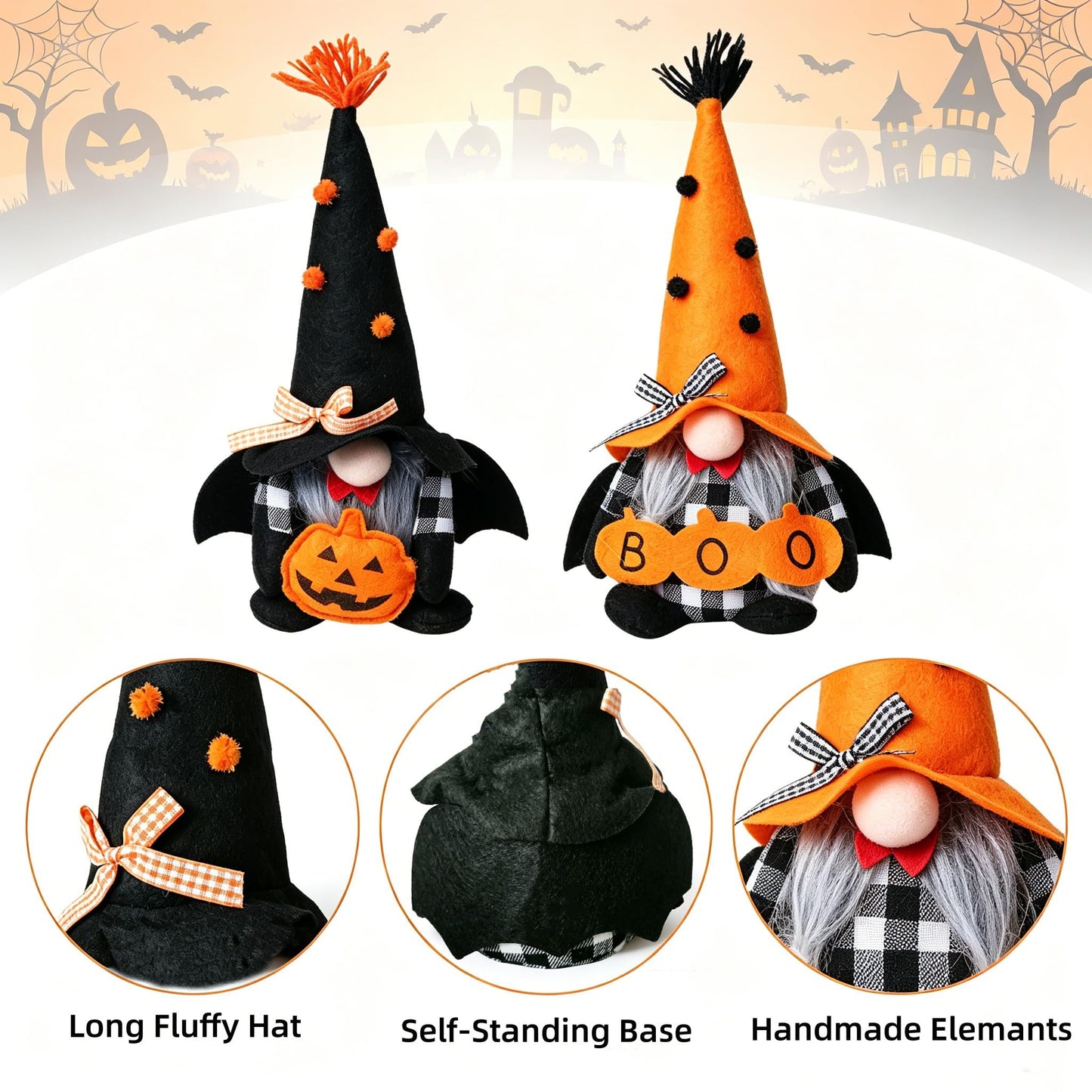 Ni-JASW Halloween Plush Gnomes Set of 2, Spooky Orange Black Bats Boo Swedish Tomte Elf Figurines Tiered Tray Decor