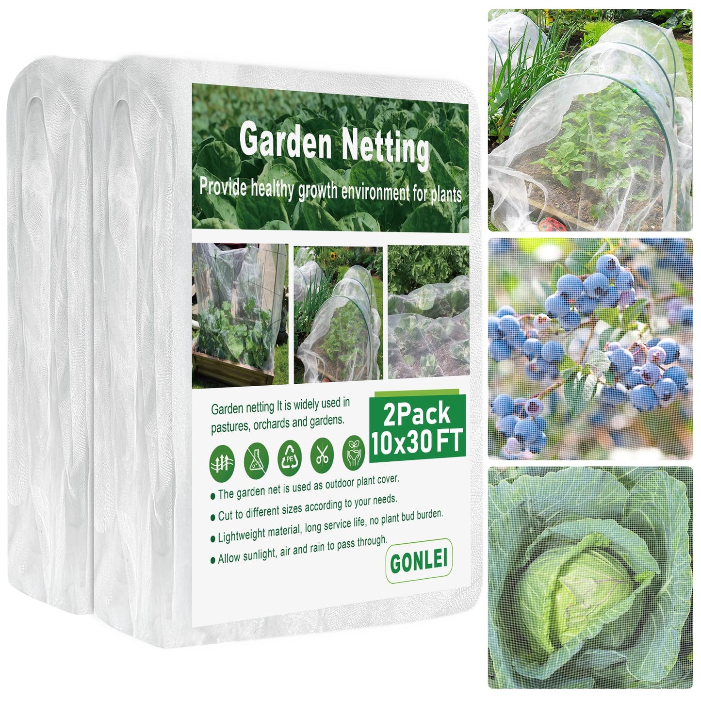 GonLei Garden Netting 2Pack 10X30FTPlants Garden Mesh Berry Netting Outdoor Mosquito Net,Garden Bed Fruit Tree Blueberry Shrubs Netting Plant Covers Row Vegetables Protection Barrier Net