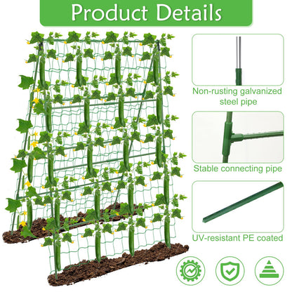 32 x 53 Inch Cucumber Trellis for Climbing Plants Outdoor A-Frame Garden Trellis for Raised Bed Detachable Sturdy Garden Plant Support Trellis for Small Plant Vegetable Flower Grape with Climbing Net