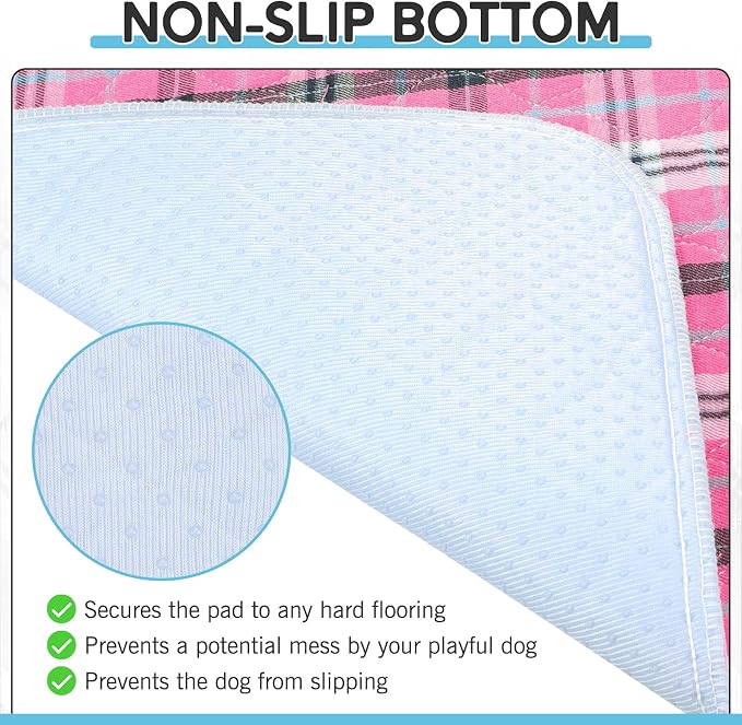 Washable Pee Pads for Dogs - 24”x36” 4PCS, Whelping Pad for Puppy Training, Playpen Crate Bed Floor Protector, Reusable Dog Potty Pads Non-Slip, Super Absorbent & Odor Controlling, Pink Plaid