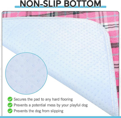 Washable Pee Pads for Dogs - 24”x36” 4PCS, Whelping Pad for Puppy Training, Playpen Crate Bed Floor Protector, Reusable Dog Potty Pads Non-Slip, Super Absorbent & Odor Controlling, Pink Plaid