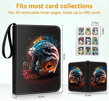 Football Card Binder,9-Pocket Book For 900 Cards,50 Removable Binders Football Binder,Football Card Holders Binder For Cards,Football Card Binder With Sleeves Football Card Book(Football Helmet)