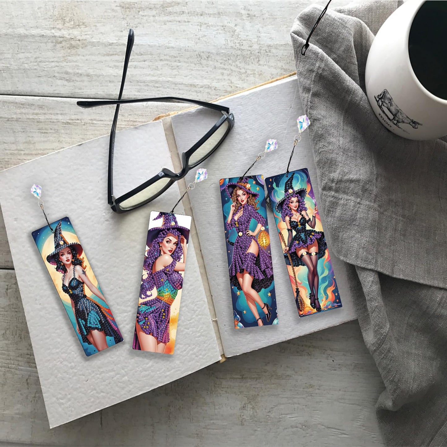JISHSHAY 4 PCS Halloween Diamond Painting Bookmarks Witch Diamond Art Book Marks Witch Gem Art Bookmarkers Gem Painting Book Markers Horror Crafts for Adults DIY Bookmarks Embroidery Bookmarkers
