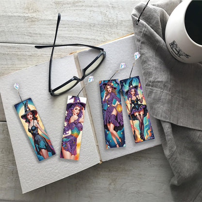 JISHSHAY 4 PCS Halloween Diamond Painting Bookmarks Witch Diamond Art Book Marks Witch Gem Art Bookmarkers Gem Painting Book Markers Horror Crafts for Adults DIY Bookmarks Embroidery Bookmarkers