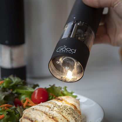 Electric Pepper Grinder and Salt Mill- Battery Operated One-Handed Spice Dispenser w LED Light & Adjustable Coarseness- Premium Kitchen Upgrade w Strong Ceramic Blades -Matte Black, Batteries Included