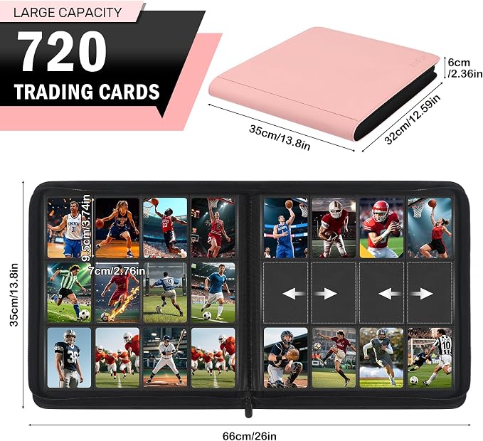 12 Pocket Card Binder, Zipper Trading Card Binder, 720 Large Capacity Side Loading Non-Ring Card Album, Double Sided Acid-Free Card Protector Binder, Card Collection for TCG, MTG, Sport Card, Pink
