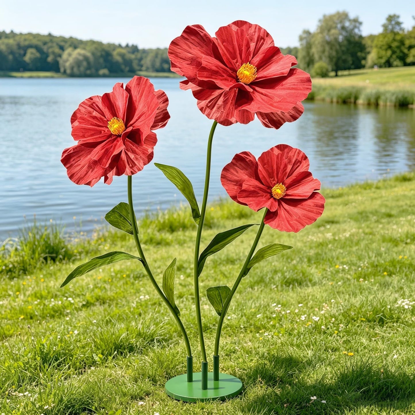 X-Kingsun 3Pcs 5.5ft Giant Poppy Plastic Flower Decoration with Stand Base Artificial Plastic Flowers Handcrafted Flowers for Wedding Outdoor Party Birthday Home Garden Backdrop Memorial Day
