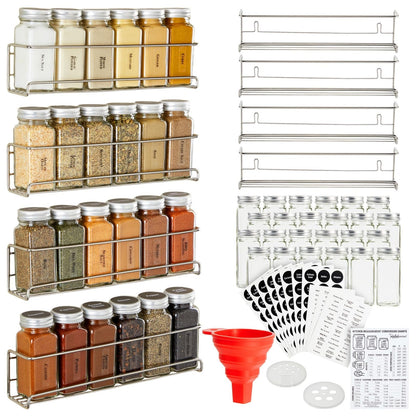Talented Kitchen Spice Rack Organizer - 4 Stainless Steel Wall-Mounted Racks - 24 4 oz Glass Jars & 269 Preprinted Labels, Chrome - Kitchen & Cabinet Seasoning Organizer for Space Saving Spice Storage