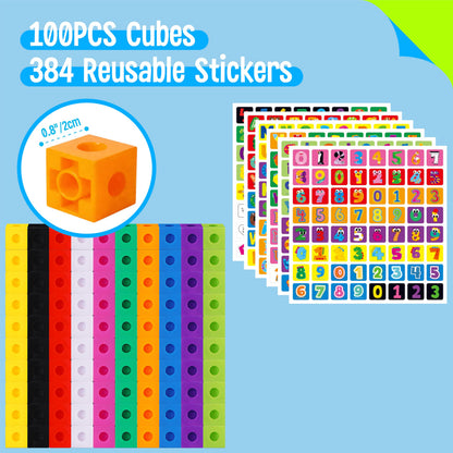 100 Math Linking Cubes, Math Cubes with 384 Reusable Stickers-Letters, Numbers, Shapes, Manipulative Geometric Connecting and Counting Blocks, Educational Toy for Kids Math Learning and Fun Activities
