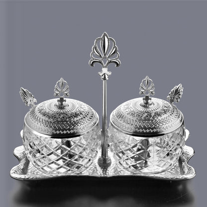 Alisveristime 2-Piece Spice Holder Set with Zamac Lids, Glass Jars, and Metal Tray Stand - Elegant Storage for Sugar, Salt, and Spices (Gold & Silver) (Silver)