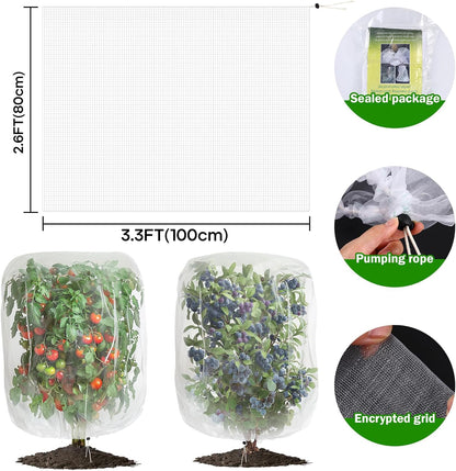 2 PCS Large Fruits Tree Netting Cover for Garden 2.6 x 3.3 ft Garden Insect Bird Barrier Plant Netting for Tomato Blueberry Bush Netting Covers Deer Cicada Netting Cover Bag with Drawstring