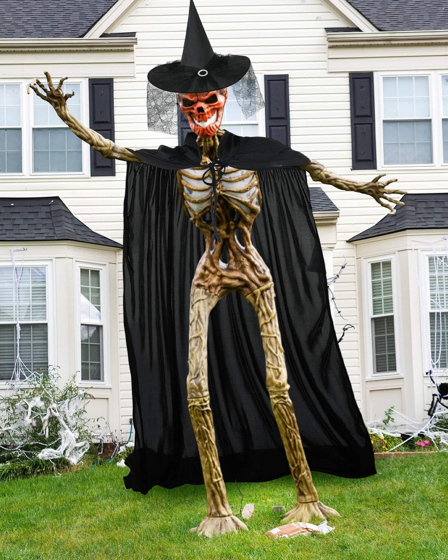 Tarpop Halloween 12 ft Skeleton Outfit Set Giant Skeleton Witch Theme Costume Includes Witch hat and Cloak for Halloween Decorations Outdoor Yard Haunted House Prop Decorations