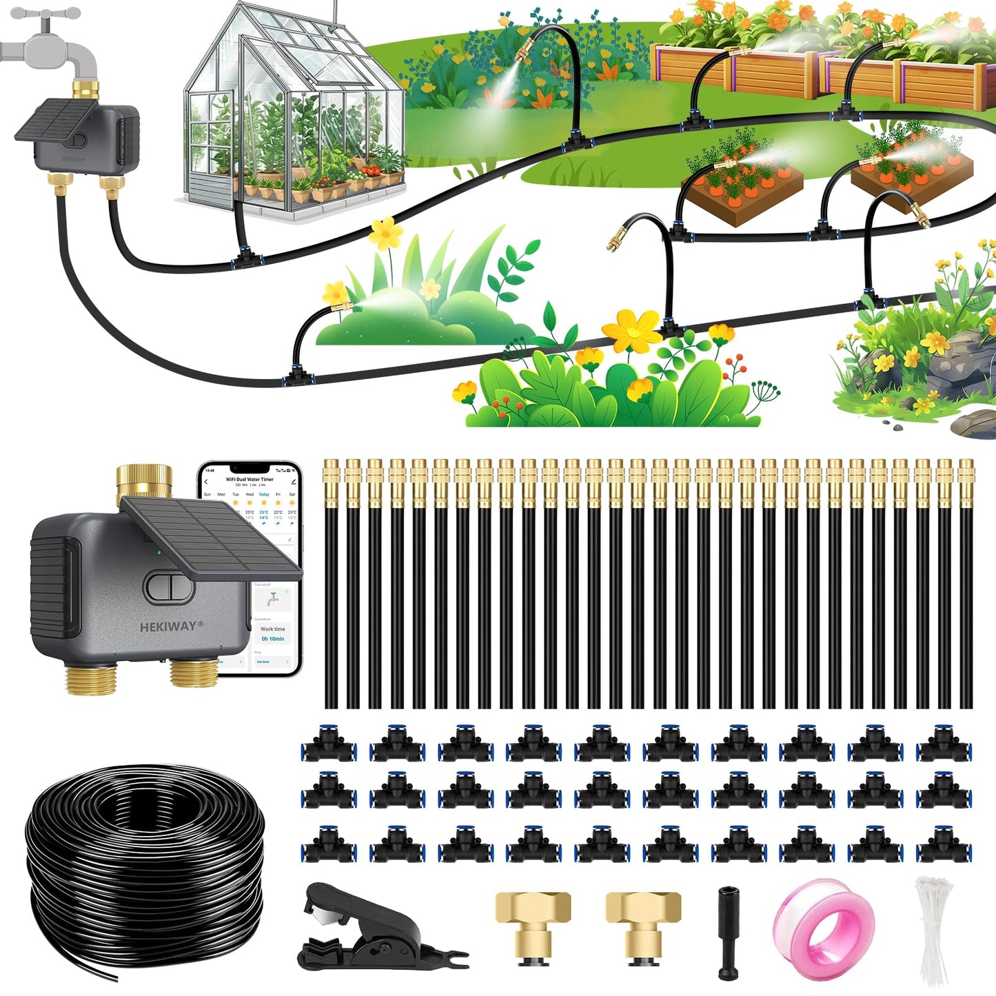 HEKIWAY 120FT Drip Irrigation System with WiFi Solar Water Timer, Automatic Garden Watering Kit with Dual Metal Tube Brass Connectors, 360° Adjustable Nozzles for Garden, Greenhouse & Lawn