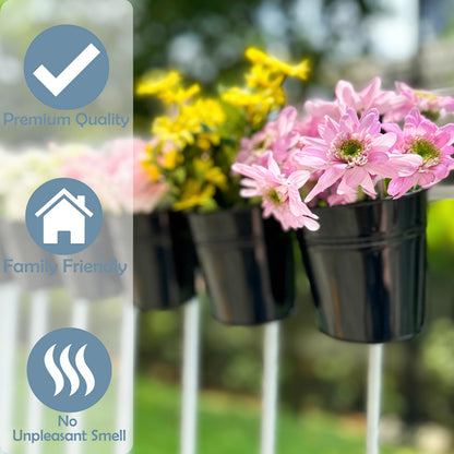 LaLaGreen Bundle - 6 Pack, 11.2 Inch Rounded Hanging Pot + 10 Pack, 6 Inch Black Metal Flower Pot, Large Outdoor Fence Deck Porch Railing Bucket, Modern Style Window Hanger Hook Balcony Plant Decor